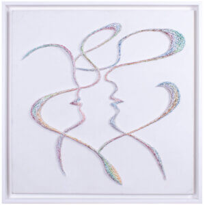 An art on white canvas with relief oblique lines that intersect and connect forming two faces connected with their minds