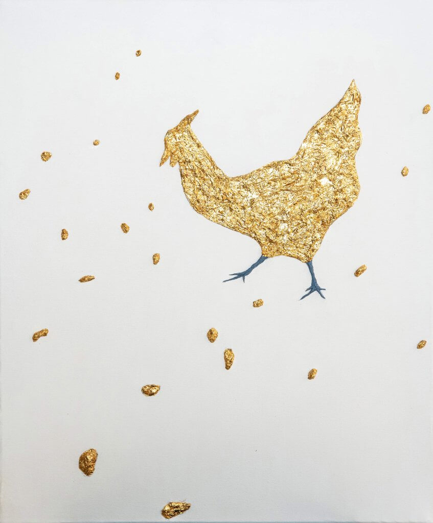 A painting of golden chicken made with golden leaves on white canvas with golden pellets as seeds around it.