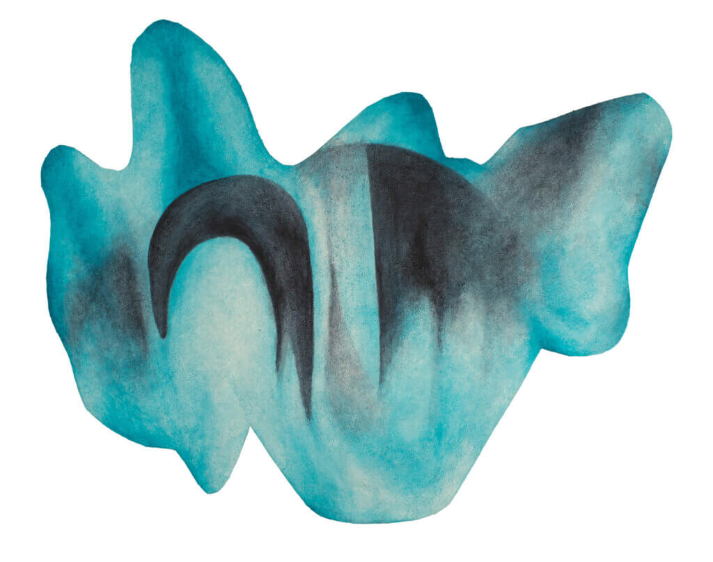 Cyan blue and black artwork of irregular shape and with coarse surface leading to gradient colours named "Artist territory 7"
