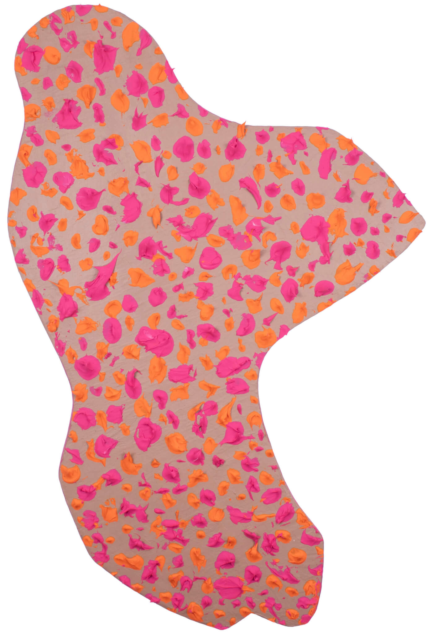 A provocative orange-pink painting on brown background