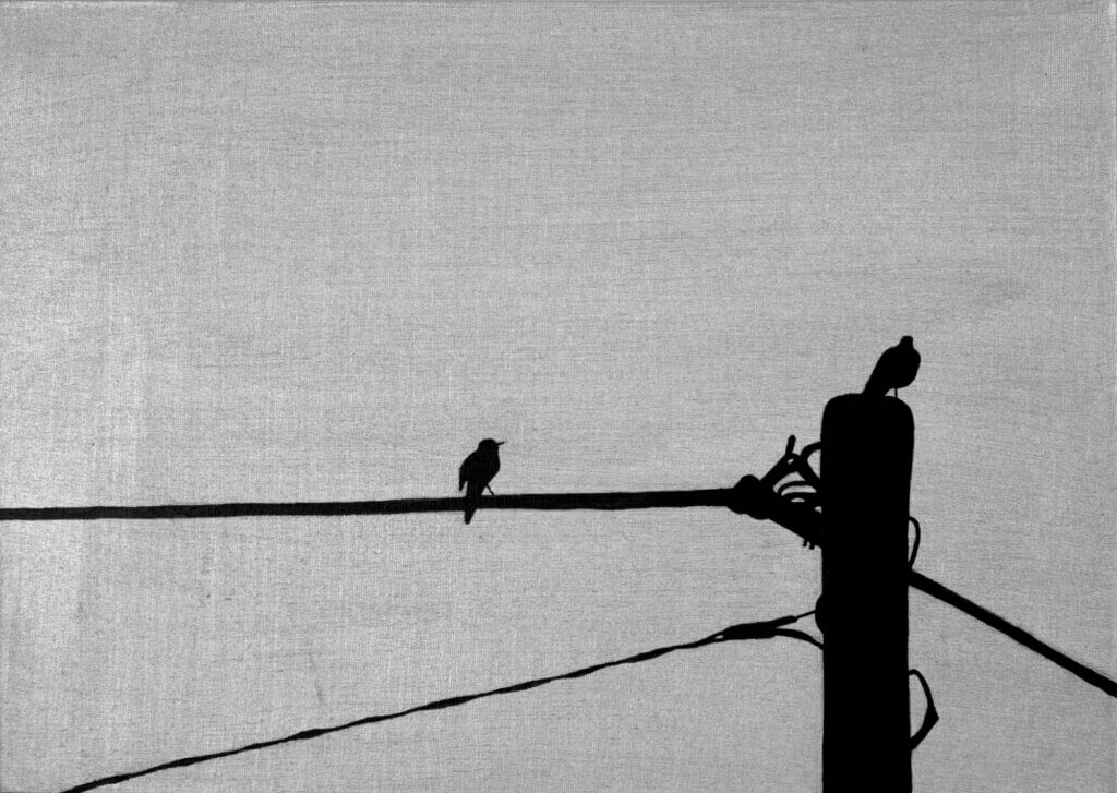 Two black birds on a post and an electrical wire on the silver surface