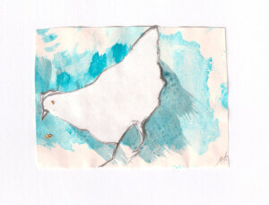 A miniature painting of a white paper chicken collage on a blue background with golden grains